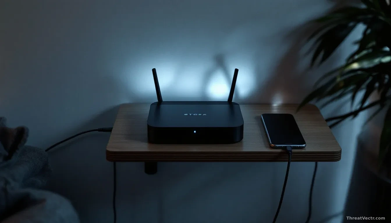 A photoreal overhead view of a domestic living room shelf holding a small black streaming box, a home router with blinking lights, and a smartphone, all connect