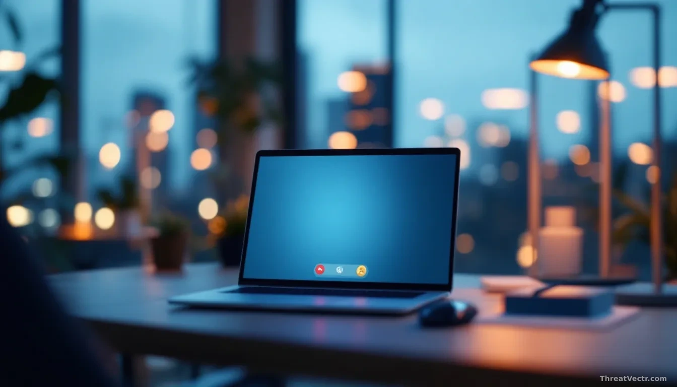 A photoreal editorial scene of a modern open-plan office desk at dusk, a laptop showing a generic video-call interface with a blurred external caller notificati