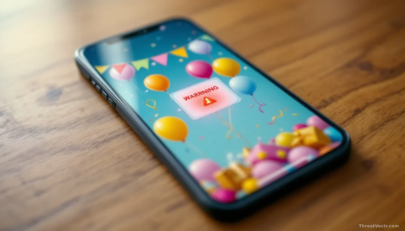 Close-up top-down view of a smartphone lying on a wooden table, its screen displaying a generic colourful digital invitation card with balloons and confetti gra