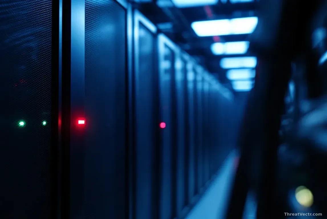 Full-frame photoreal editorial shot of a dimly lit server room with a single rack unit highlighted by a red status LED, blurred network cables in the foreground