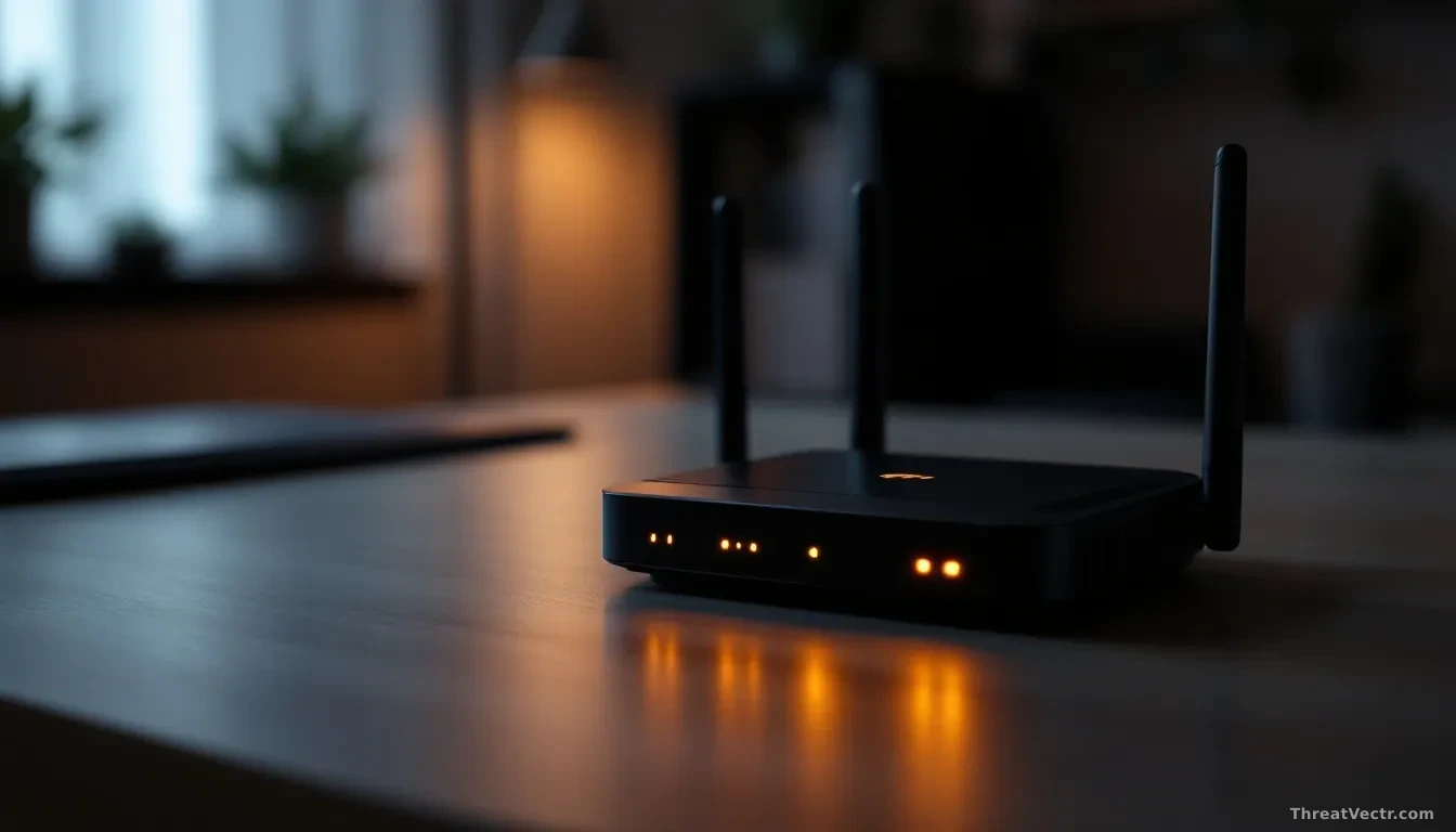 Full-frame photoreal editorial shot of a small black consumer Wi-Fi router on a plain desk, indicator lights glowing amber, softly lit from one side, moody shad