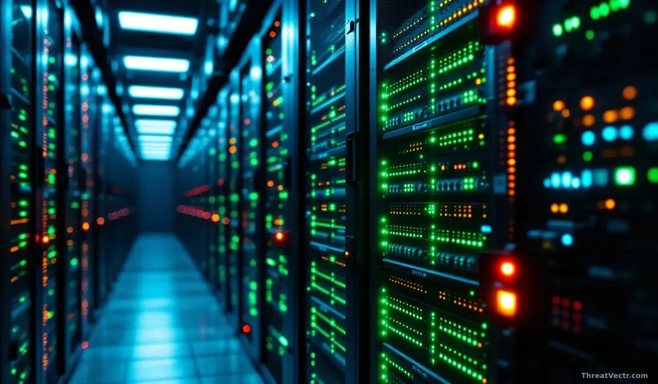 Photoreal editorial shot of a dense server rack in a cool-lit data centre, rows of blinking green and amber status LEDs, one rack panel showing a faint red warn
