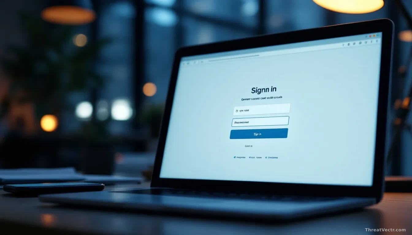 Full frame, photoreal news-editorial image of a laptop screen showing a generic corporate sign-in code entry page in a dimly lit office, with a smartphone besid
