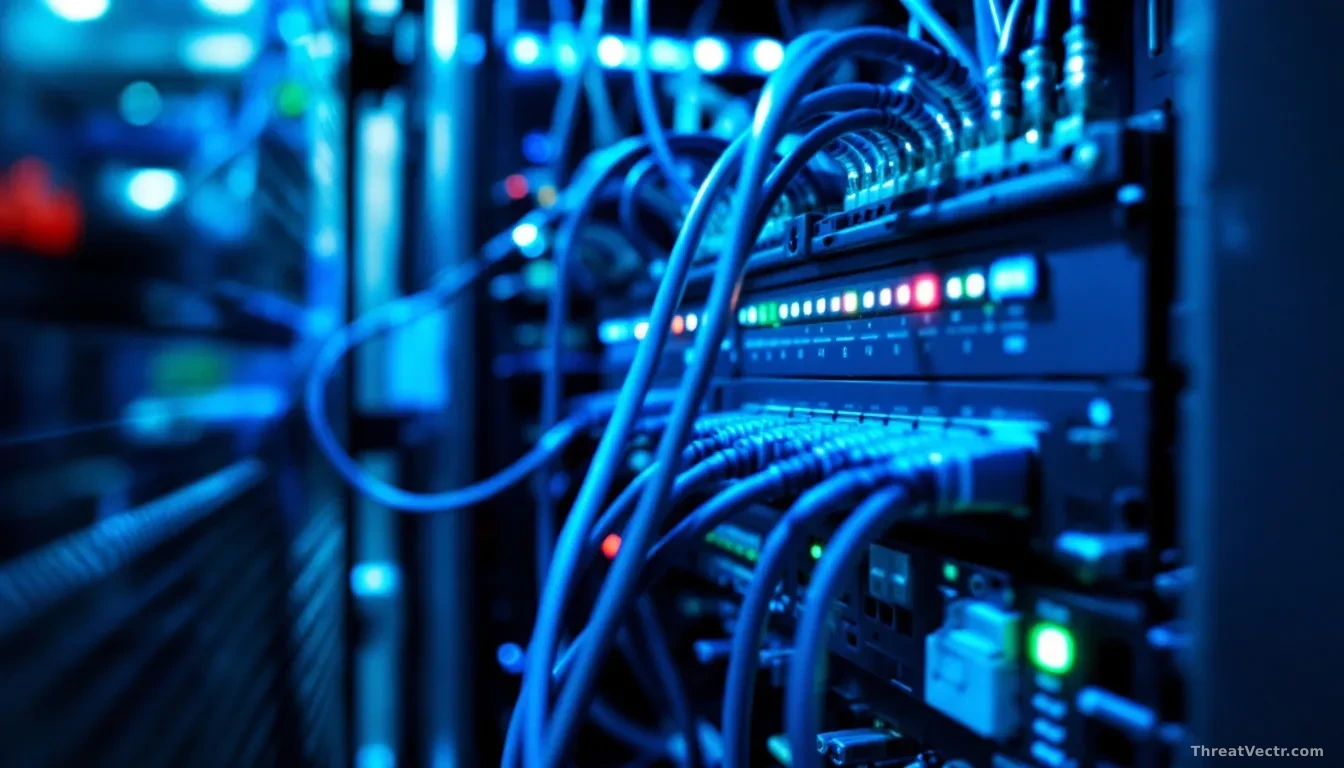 Full-frame photoreal editorial shot of an open industrial control cabinet inside a substation, showing a ruggedised ethernet switch with blue and green status L