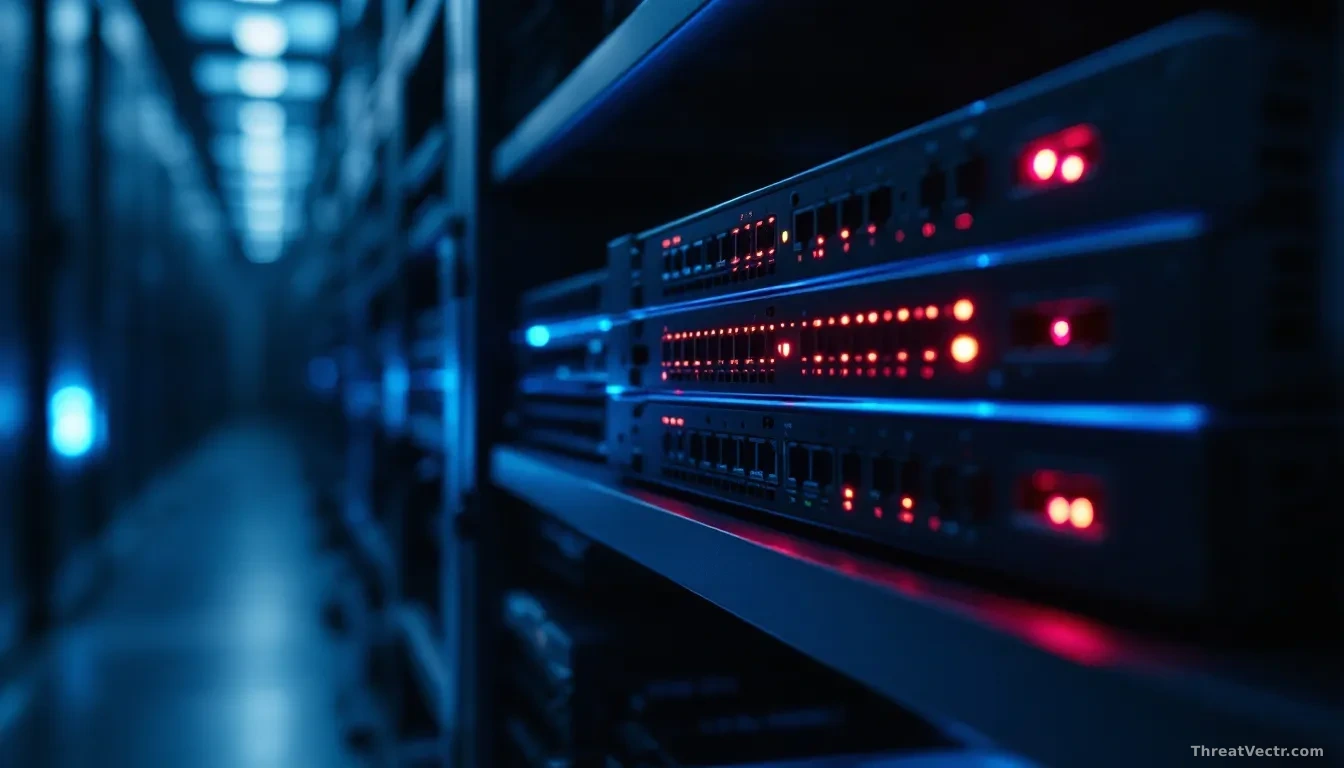 Full-frame edge-to-edge photoreal news-editorial image of a stack of small office routers with blinking status lights on a dark server-room shelf, faint blue an