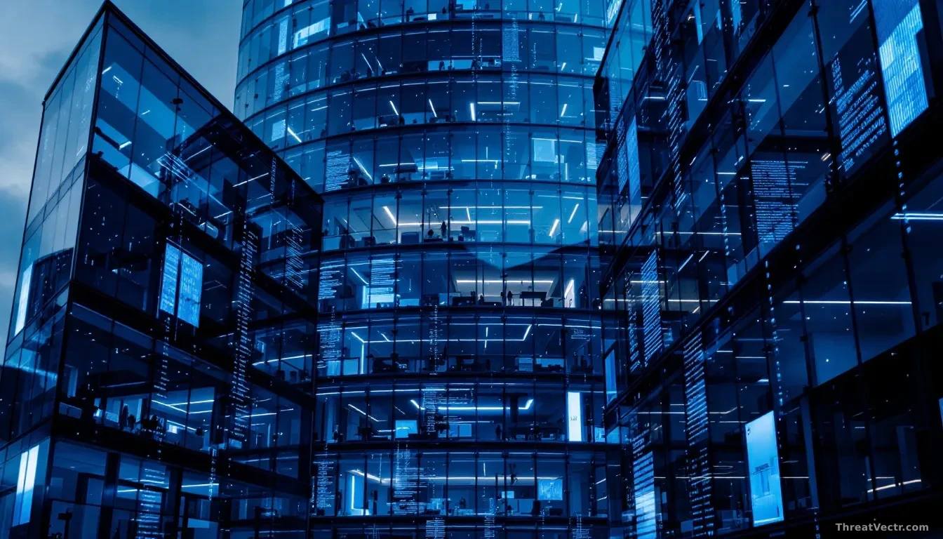 Photoreal editorial shot of a modern glass office tower at dusk with cold blue interior lighting on empty open-plan floors, a faint reflection of code-like patt