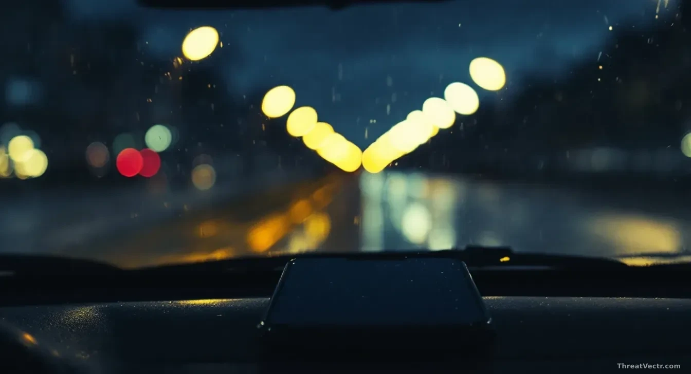 A smartphone resting on a car dashboard at night, its screen glowing with an incoming call notification, rain-blurred streetlights visible through the windscree