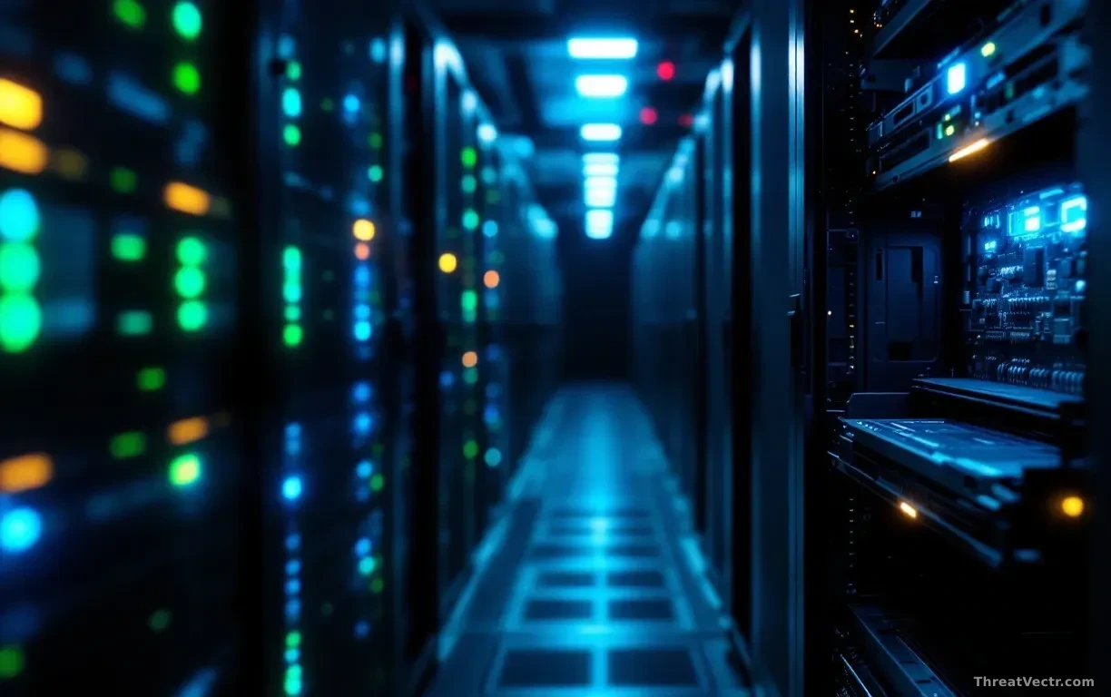 Full-frame close-up of a dark server room aisle, rows of black rack-mounted machines with faint green and amber status LEDs, one open server tray showing a bare