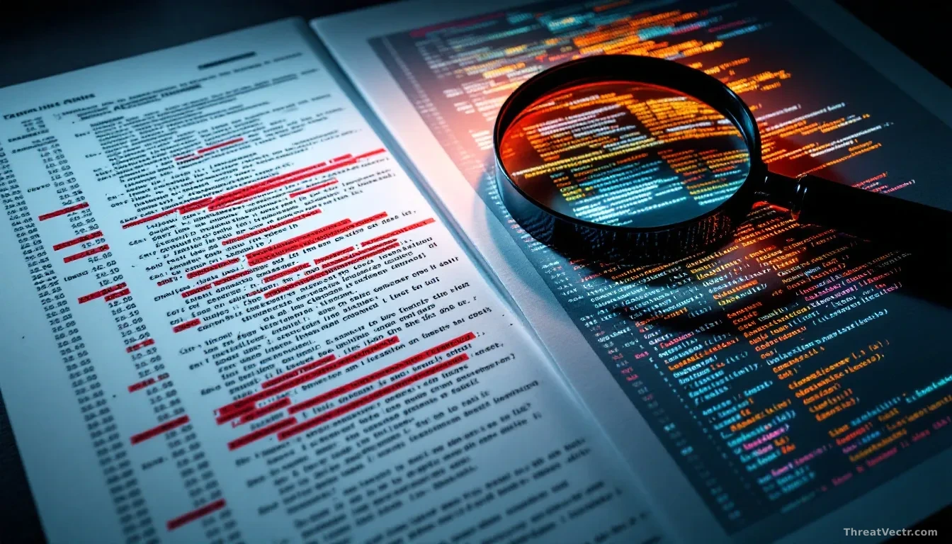 A close-up, sharply lit photograph of two printed pages lying side by side on a dark desk, one page covered in dense text and tables with several entries circle