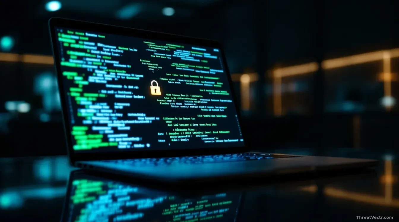 A close-up, sharply focused photograph of a glowing laptop screen in a darkened office, showing lines of green and white code reflecting faintly on a glass desk