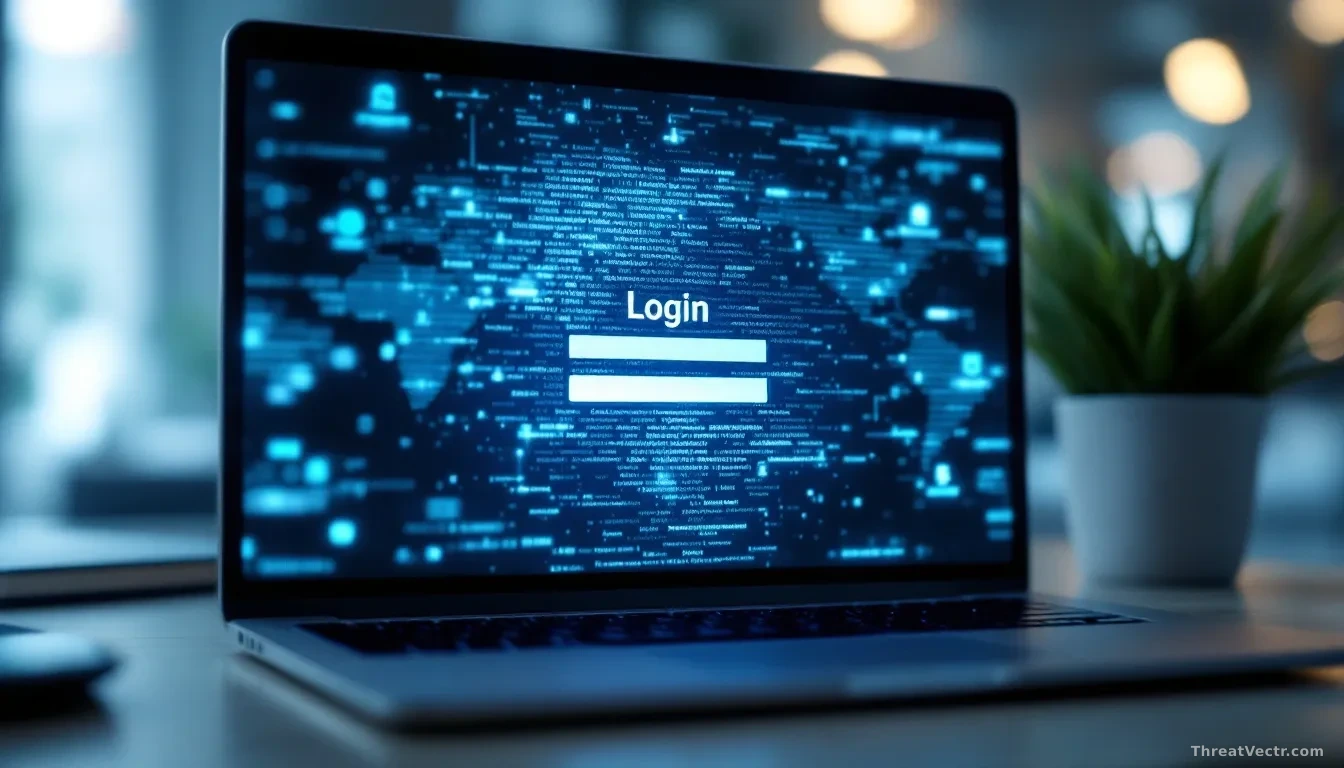 A close-up photoreal shot of a laptop screen showing a blurred generic corporate login form, with a faint ghostly overlay of scrambled characters resolving into