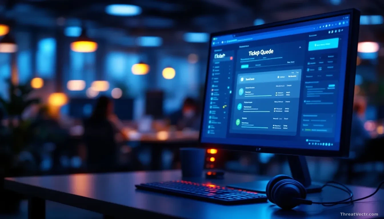Photoreal editorial image of an empty modern IT help desk workstation at night, glowing monitor showing a generic ticket queue interface with no readable text,
