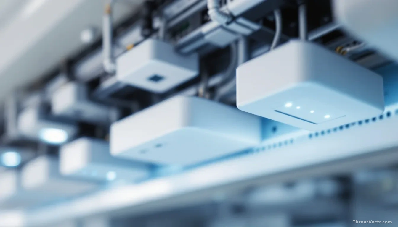 Photoreal news-editorial shot of a rack of white networking access points and small gateway boxes mounted on a modern office ceiling, soft cool blue LEDs glowin