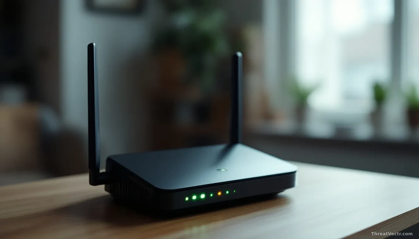 A close-up, editorial-style photograph of a small black wireless router sitting on a plain wooden desk in a modest office, indicator lights glowing faintly gree