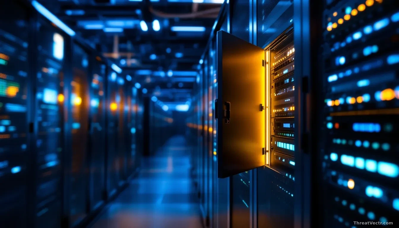 Photoreal news-editorial style 16:9 photograph of rows of server racks inside a large data centre, bathed in cool blue and white light, with a single rack door