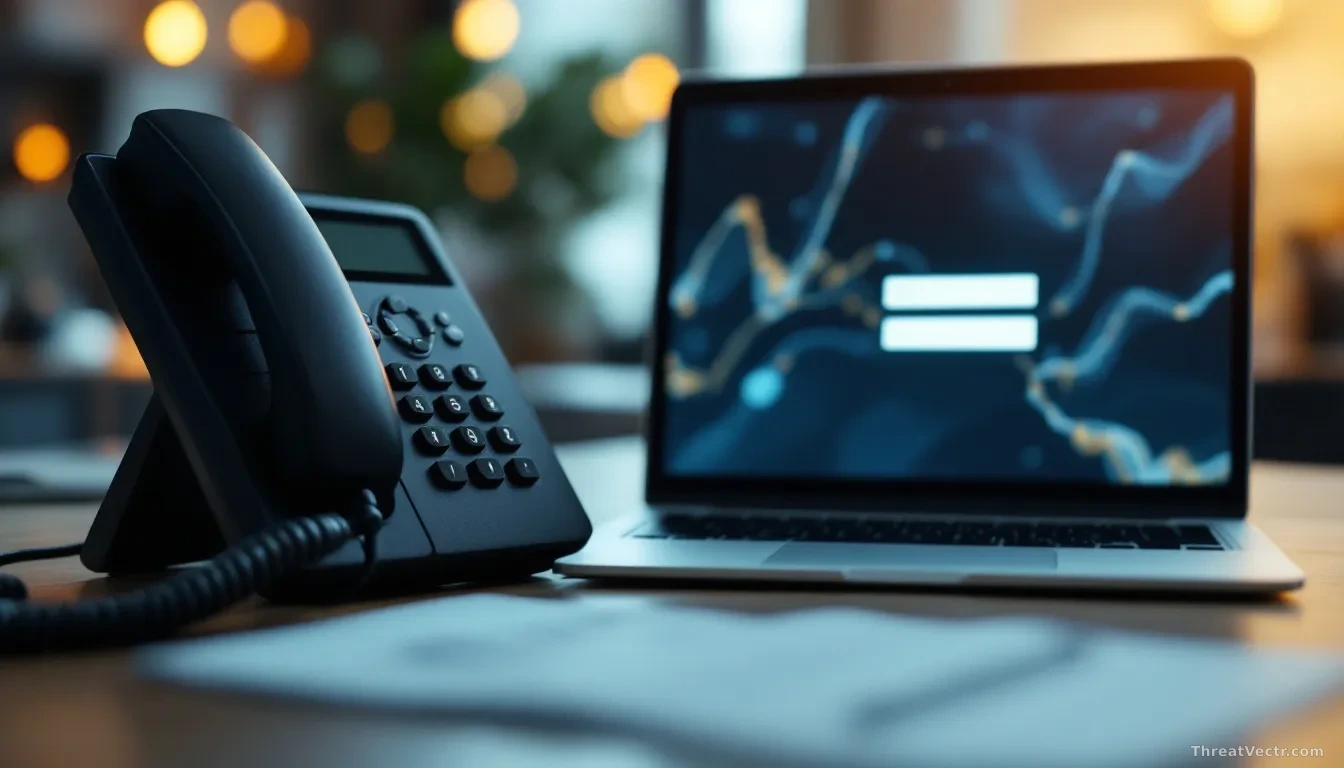 Photoreal news-editorial shot of an anonymous desk phone ringing next to a laptop showing a generic blurred corporate login screen, warm office lighting, shallo