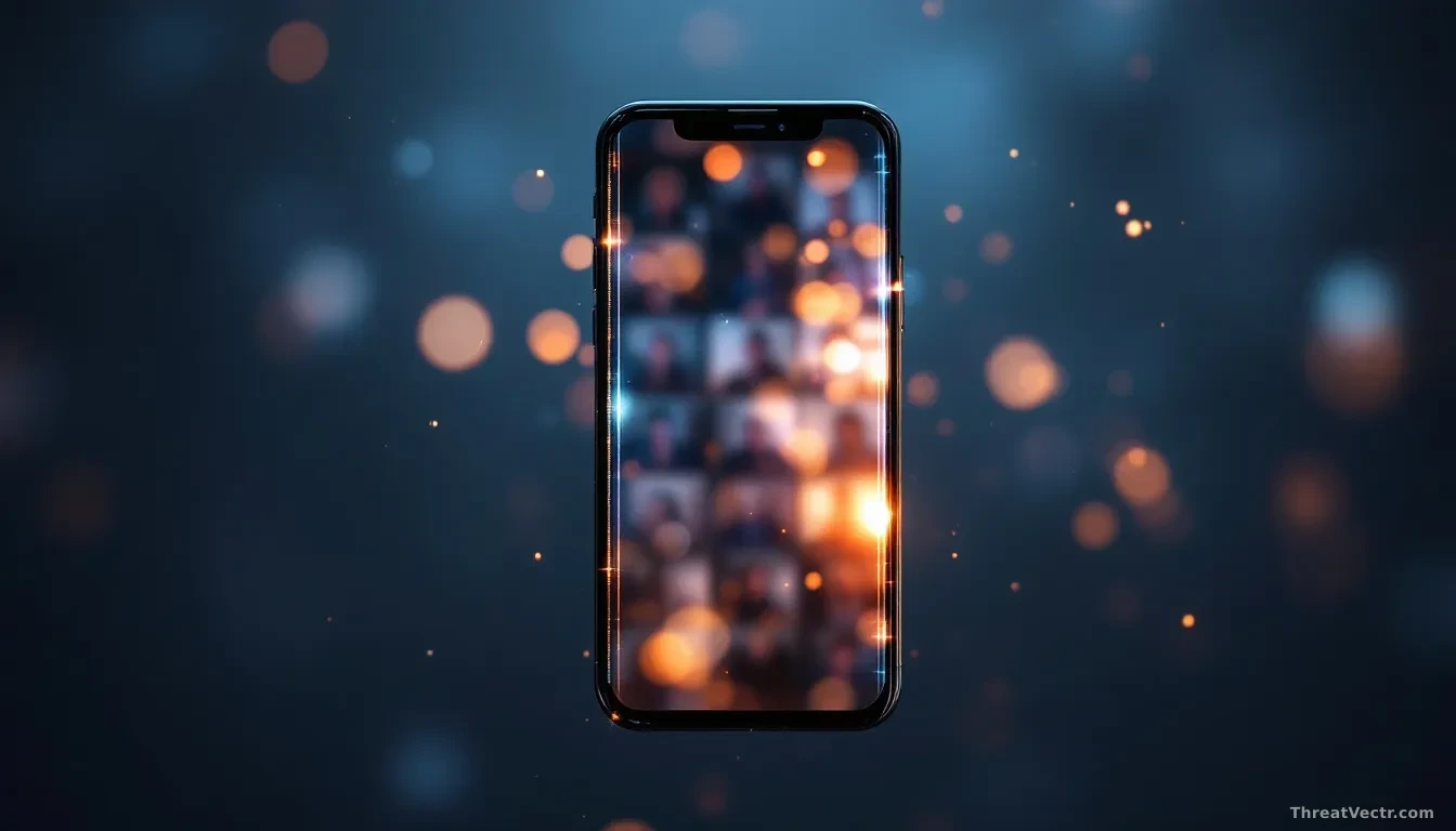 A glowing smartphone screen displaying a grid of faintly blurred portrait-shaped photo frames, each dissolving at the edges into swirling digital pixels and abs