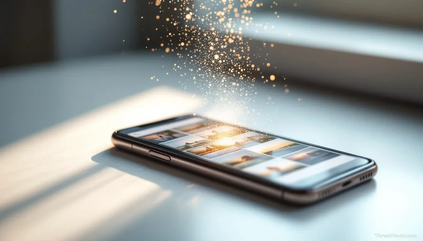 A smartphone lying face-up on a pale desk, screen showing a generic photo grid interface glowing softly