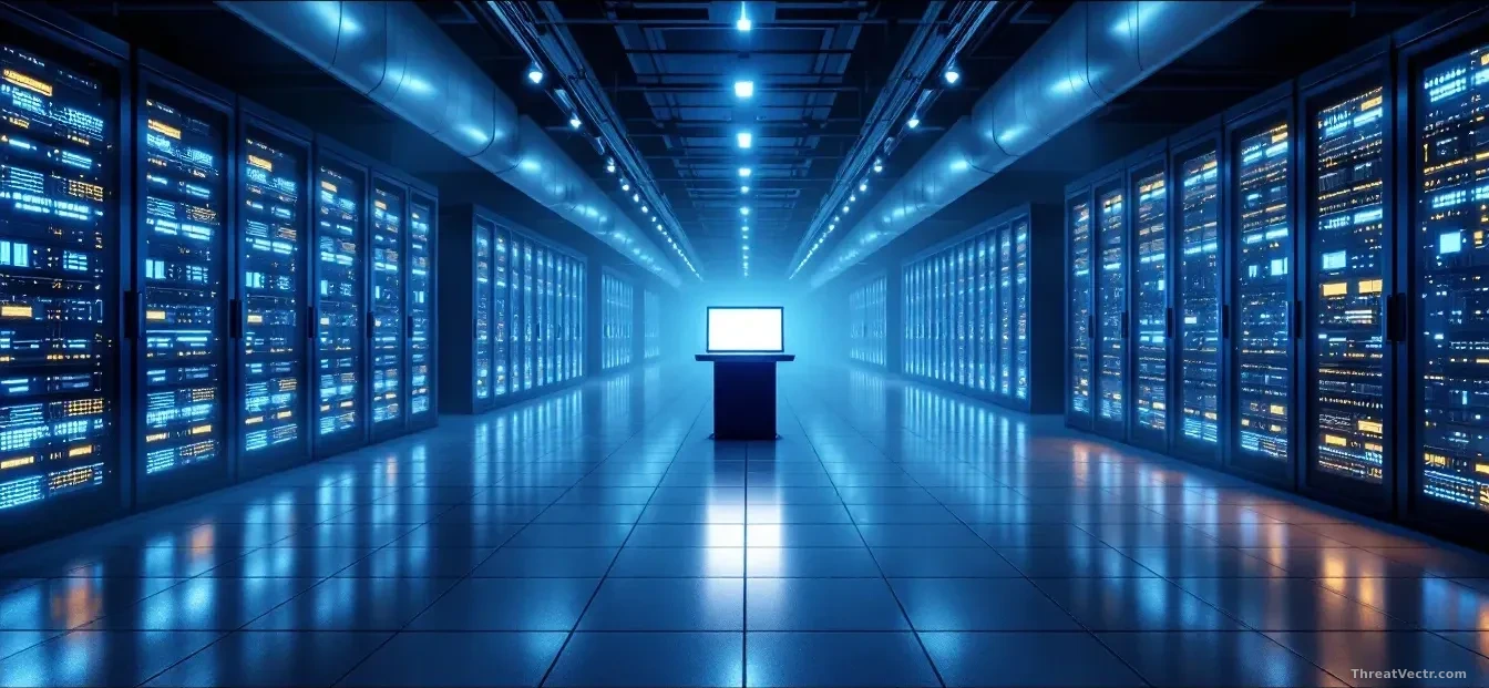 Photoreal news-editorial 16:9 image: a vast, dimly lit enterprise server room with rows of glowing rack-mounted servers extending into the distance, blue and wh