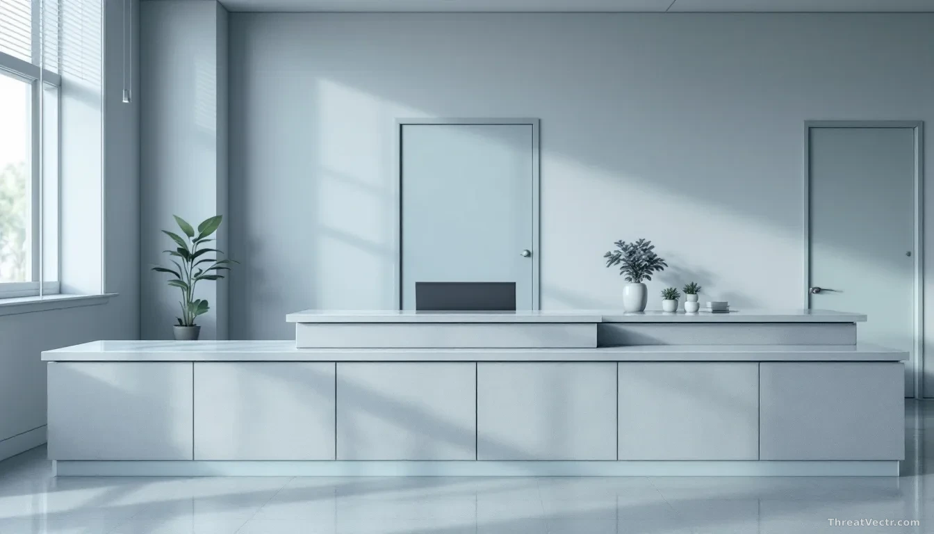 Full-frame edge-to-edge photoreal editorial shot of an empty modern office reception desk with a single unmarked intake tray and a locked glass door behind it,