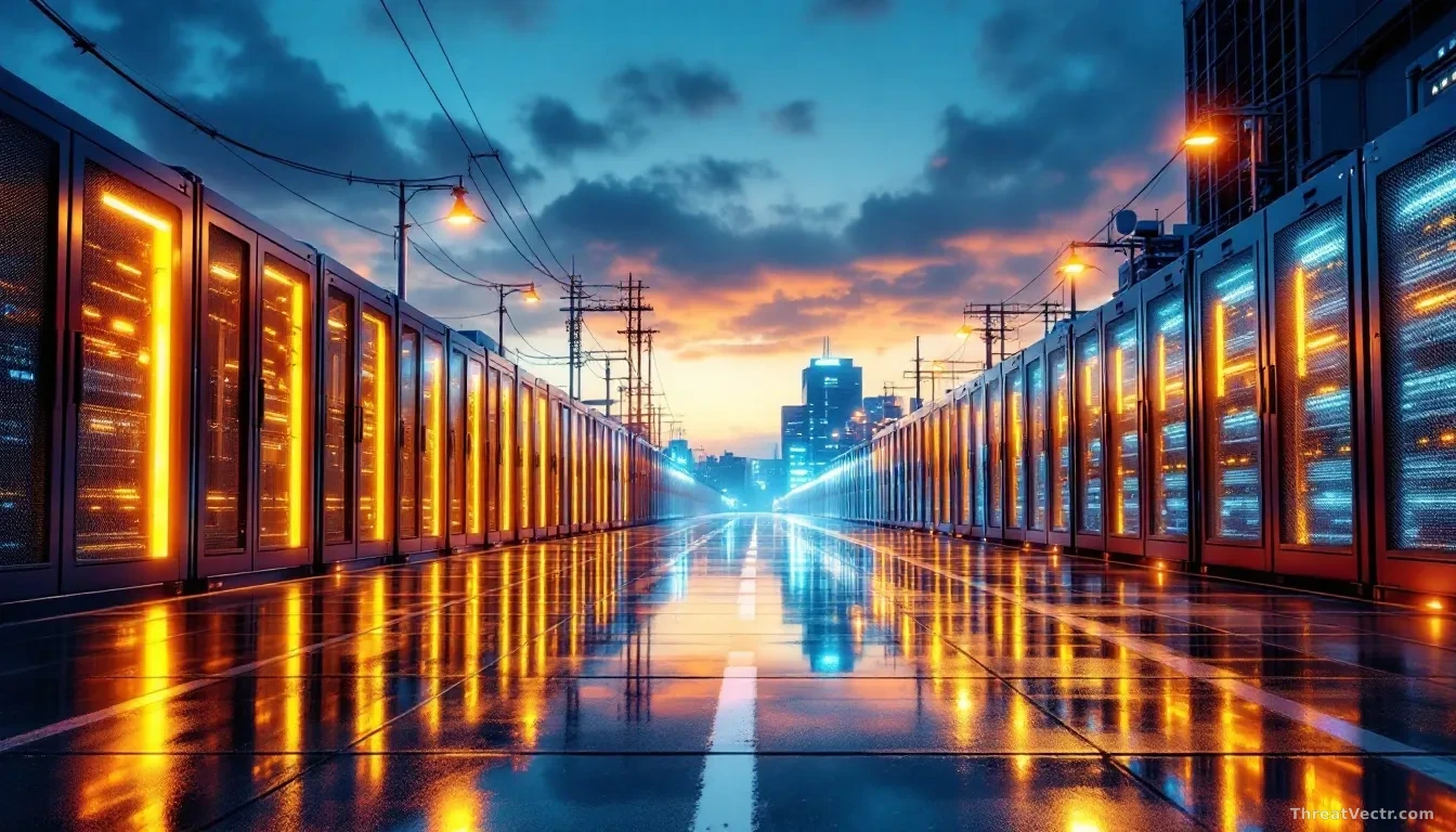 Photoreal news-editorial 16:9 image of a large Japanese urban data centre at dusk, exterior shot, rows of cooling units and server ventilation grilles lit by am