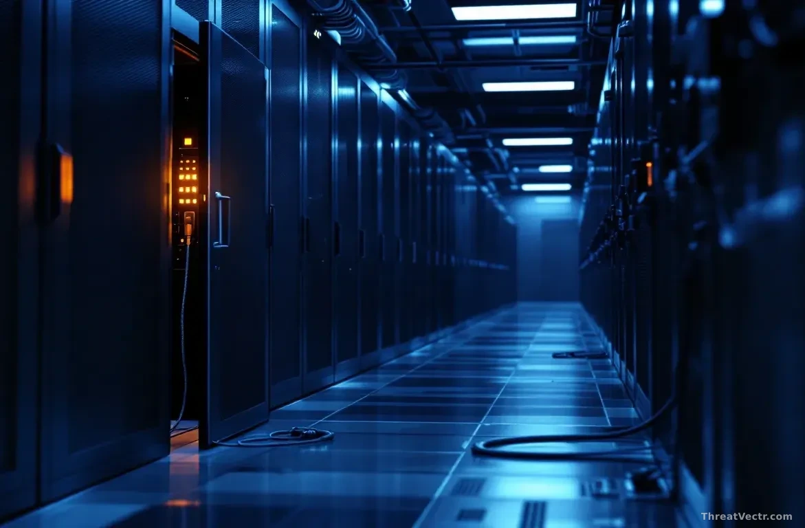 A photoreal editorial shot of a dimly lit server room aisle, one rack door left slightly ajar with a single amber warning light glowing inside, cables neatly bu