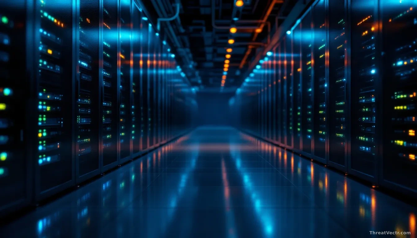 Full-frame edge-to-edge photoreal news-editorial shot of a dim server room aisle at night, rows of dark server racks with faint green and amber status lights re