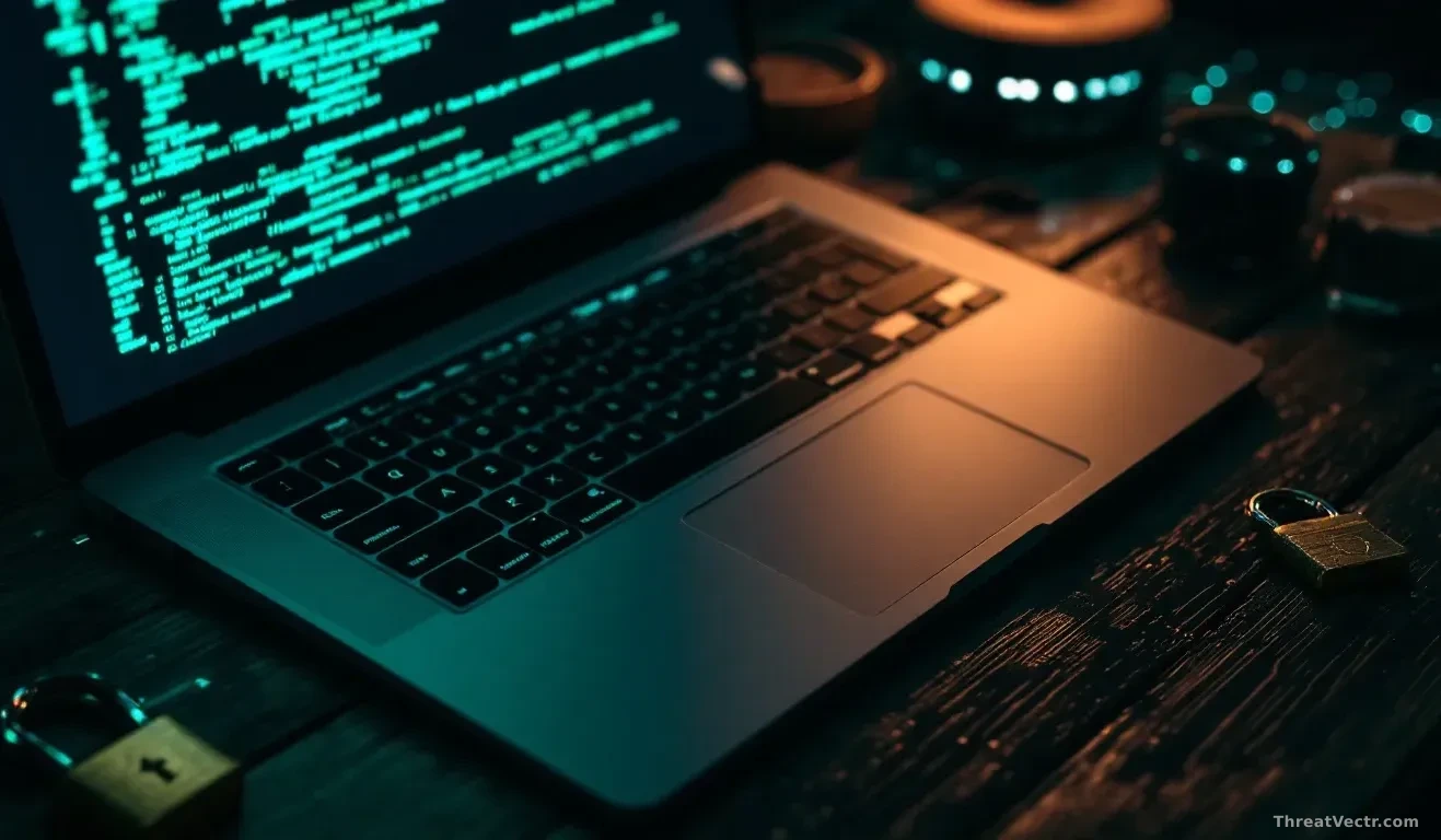 Full-frame edge-to-edge overhead photoreal shot of a developer's dark wooden desk at night, a laptop screen glowing with abstract green code, a small physical h