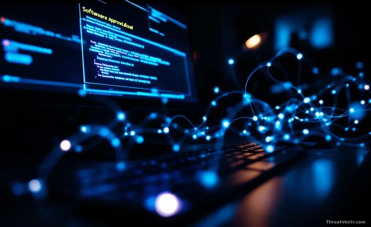 A close-up, sharply focused 16:9 editorial photograph of a developer's keyboard and monitor in a dimly lit office at night