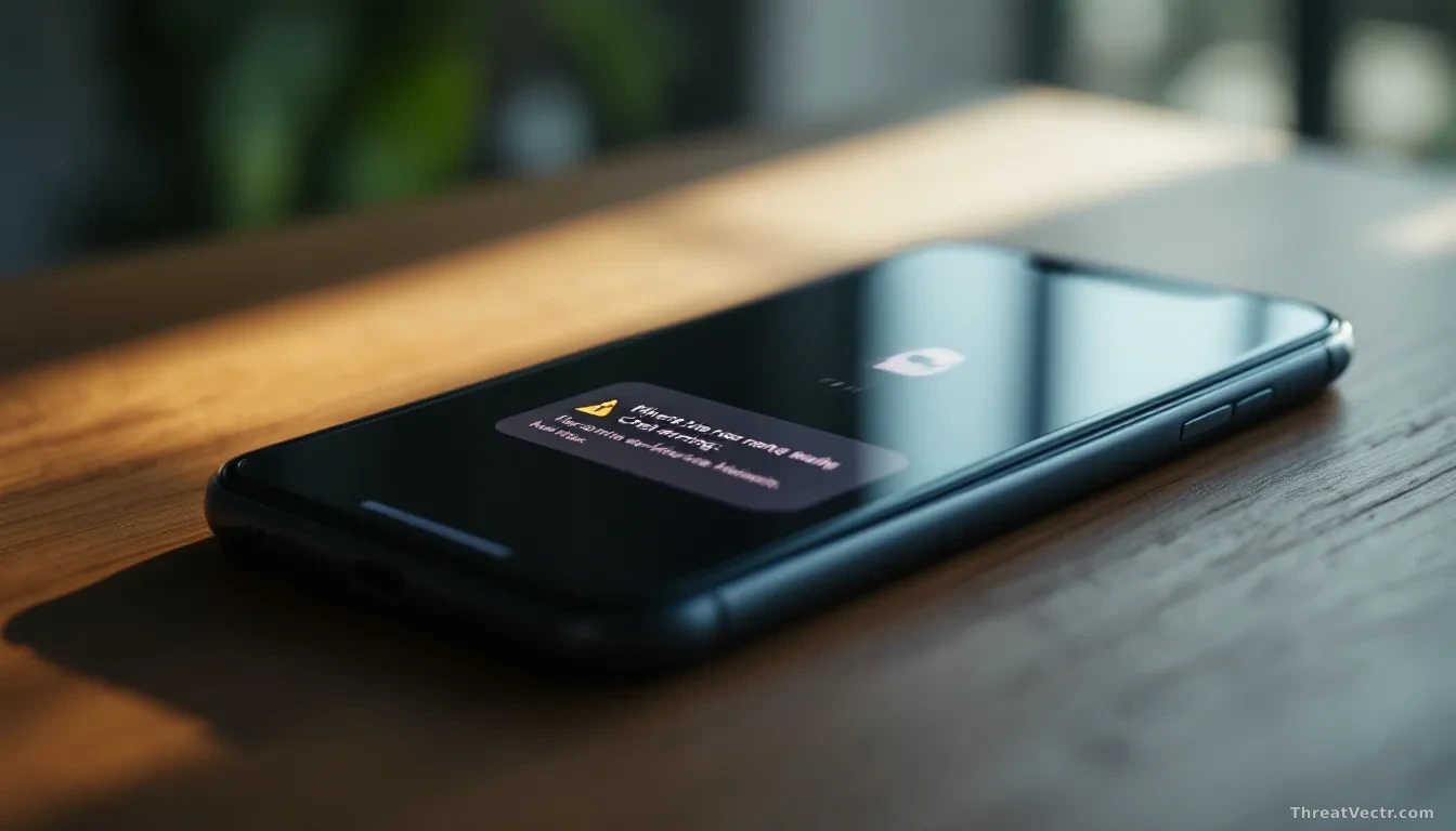 A smartphone resting on a wooden table, its screen glowing with a blurred chat message interface showing a generic warning symbol, soft natural window light cas