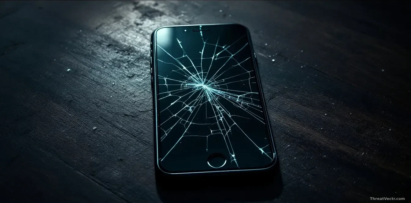A cracked smartphone screen lying face-up on a dark wooden table, the shattered glass reflecting a dim overhead light, photographed from directly above in sharp