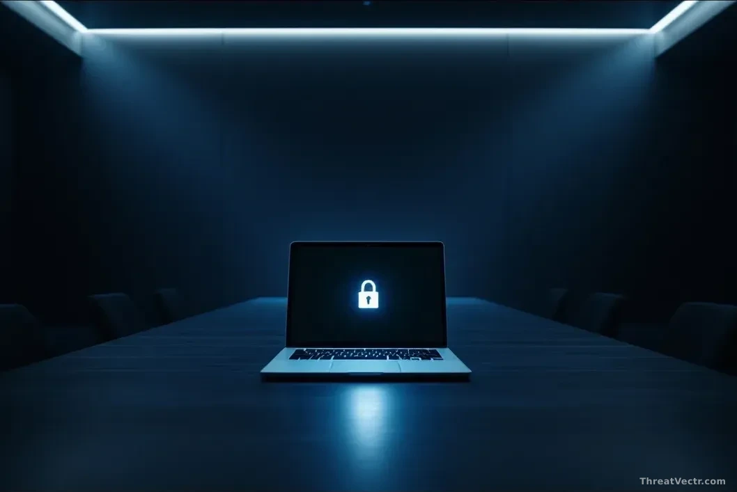 Photoreal editorial shot of an empty modern negotiation room with a single laptop open on a long dark table, a lock icon glowing faintly on the screen, harsh ov