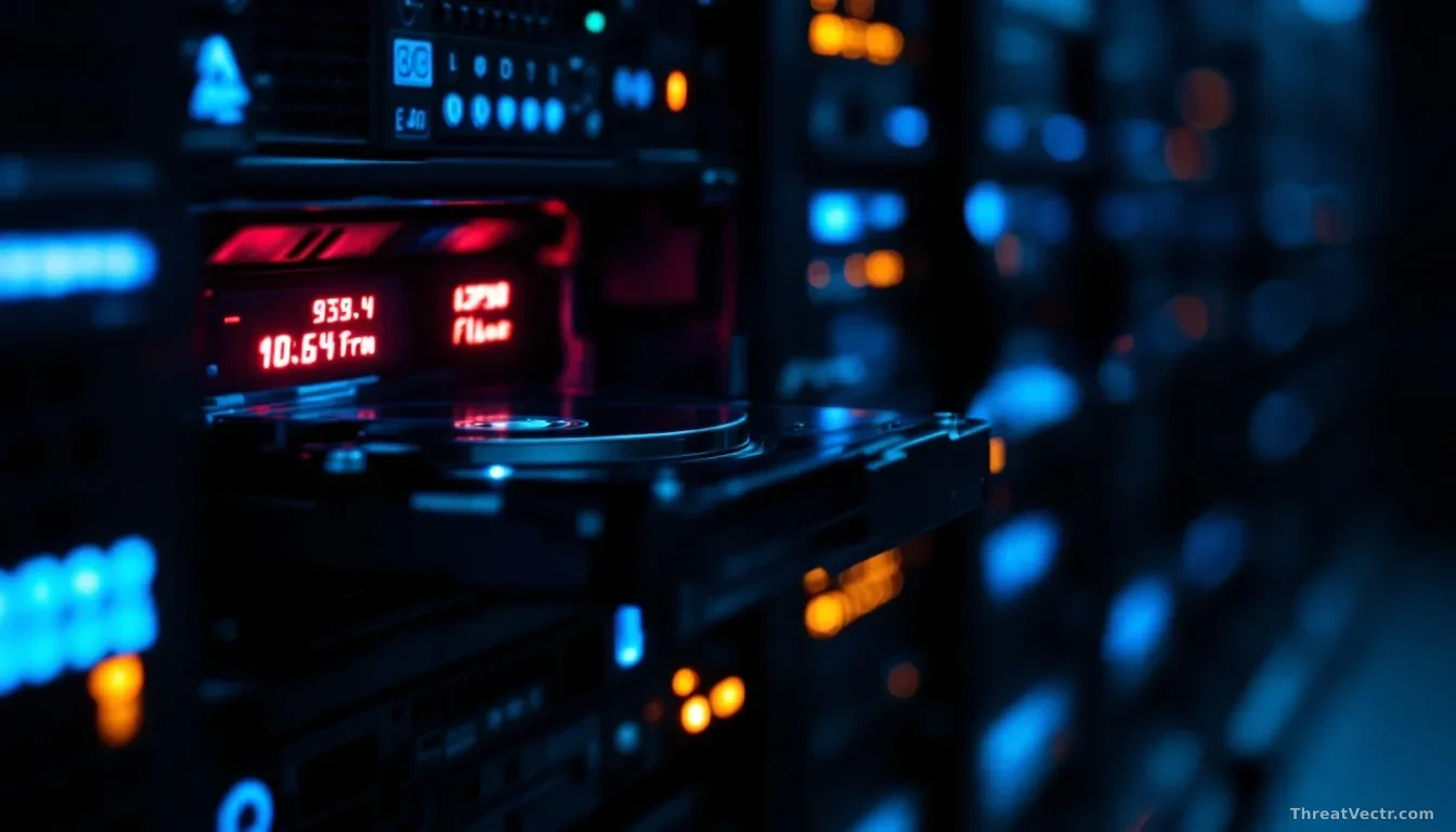 Close-up, editorial news photograph, 16:9 framing, of a server rack in a dark data centre with one hard drive pulled halfway out, its surface reflecting faint r