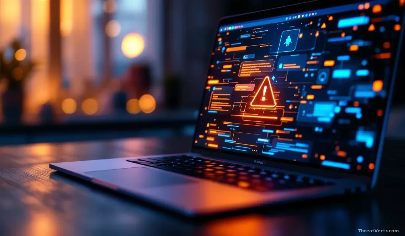 Full-frame photoreal editorial shot of a modern laptop on a dark wooden desk, screen glowing with an abstract chat interface and a faint warning glyph reflected