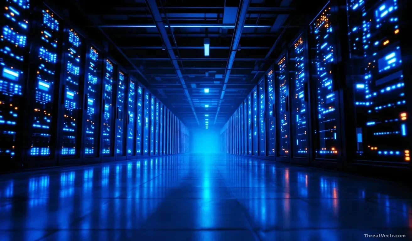 A large illuminated server room at night, rows of blinking blue and amber lights on rack-mounted hardware, a single open rack door casting a faint glow on a pol