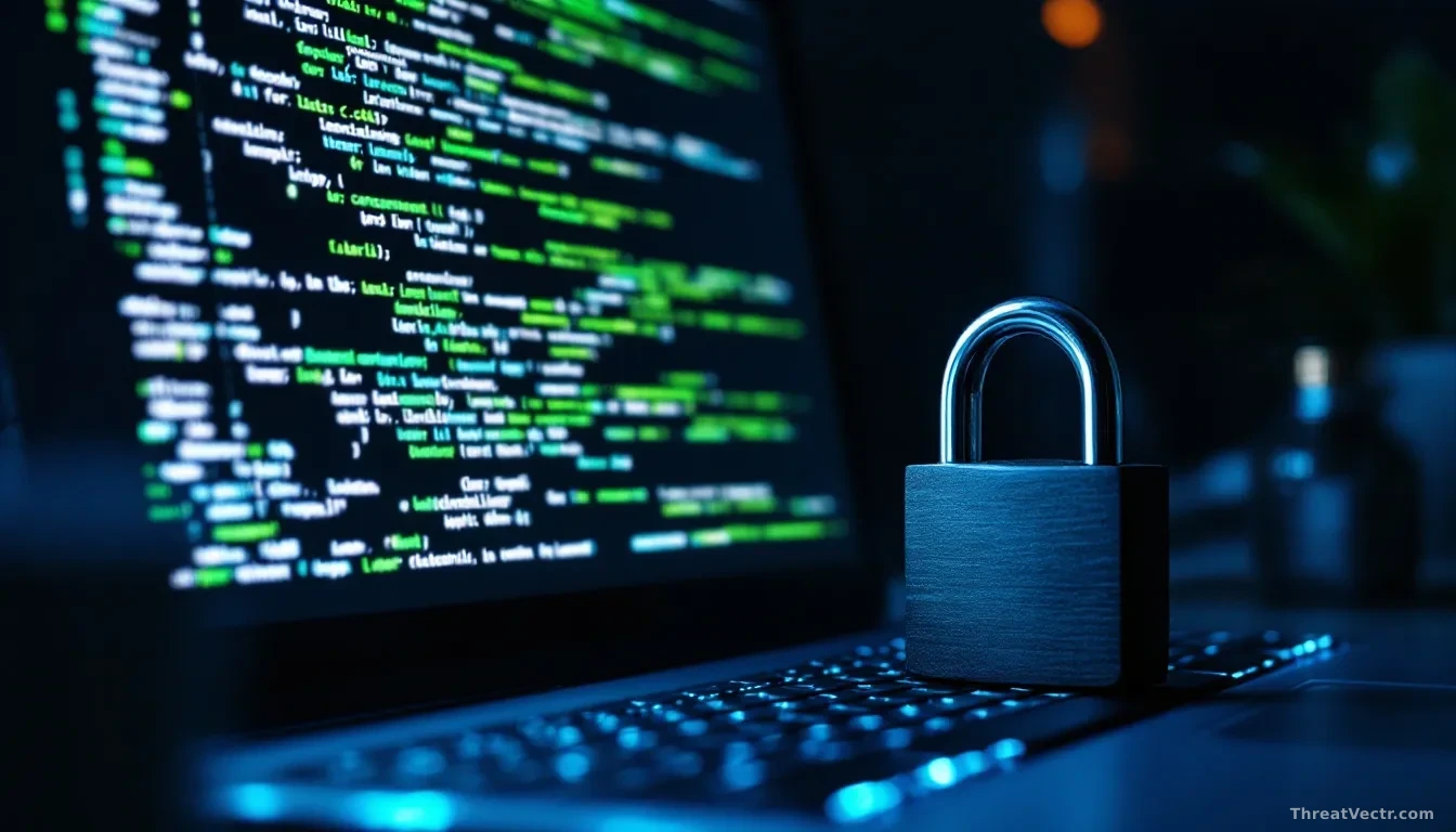 Photoreal news-editorial 16:9 image of a glowing computer monitor in a dimly lit office showing dense lines of green and white code, with a physical padlock sit