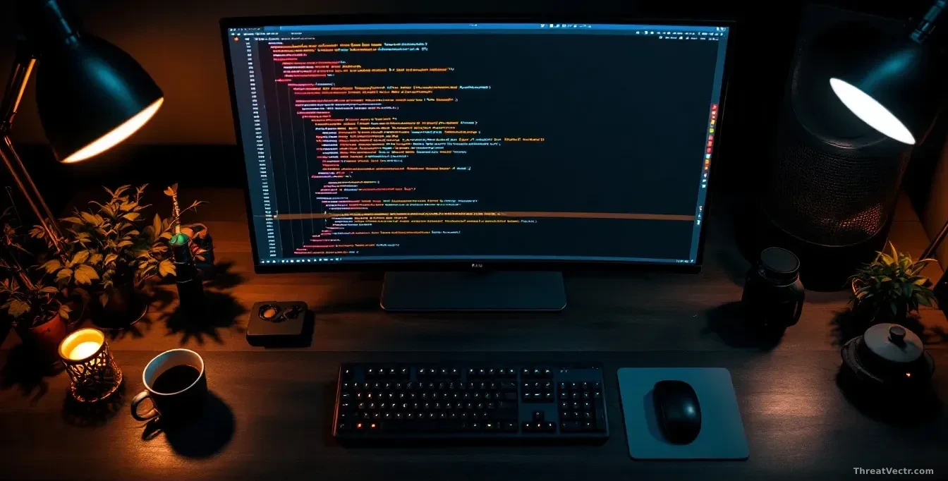 Full frame overhead view of a developer's dark wooden desk lit by warm lamp light, a large monitor showing colourful lines of source code with a single PNG thum