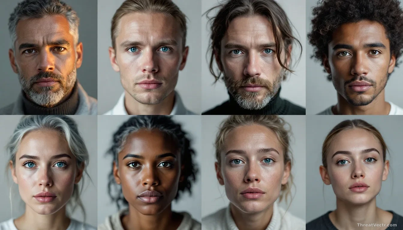 A close-up grid of eight portrait photographs arranged in two rows against a neutral grey background, half subtly lit with warm natural light suggesting authent
