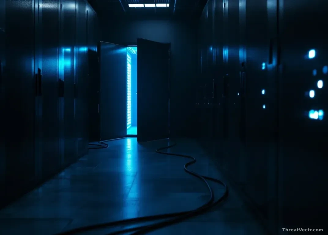 Full-frame 16:9 photoreal editorial shot of a dimly lit server room with one rack door left ajar, faint blue LED glow spilling out onto a concrete floor, cables