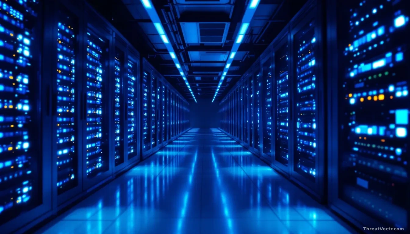 A close-up, editorial-style photograph of a illuminated server room corridor at night, shot in 16:9 framing