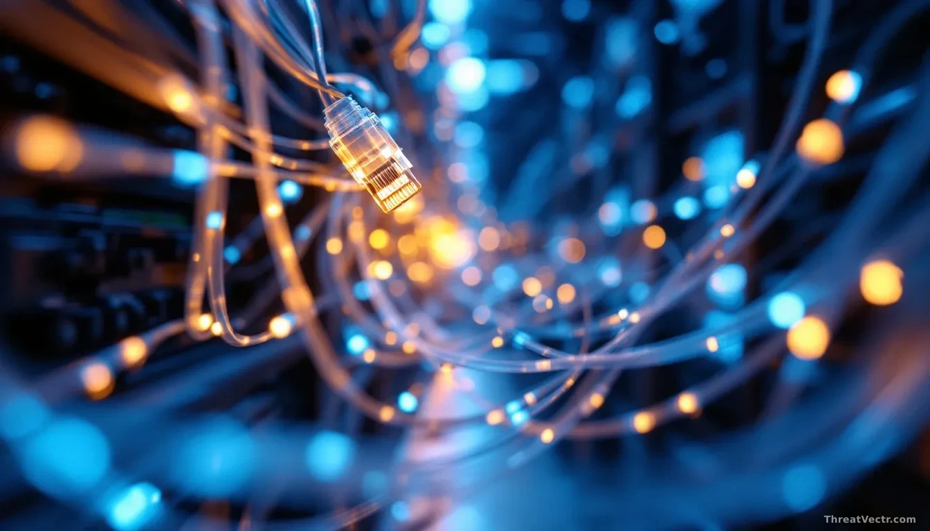 Photoreal news-editorial 16:9 photograph of a dense tangle of illuminated fibre-optic cables running through a dark server room, cool blue and amber light catch