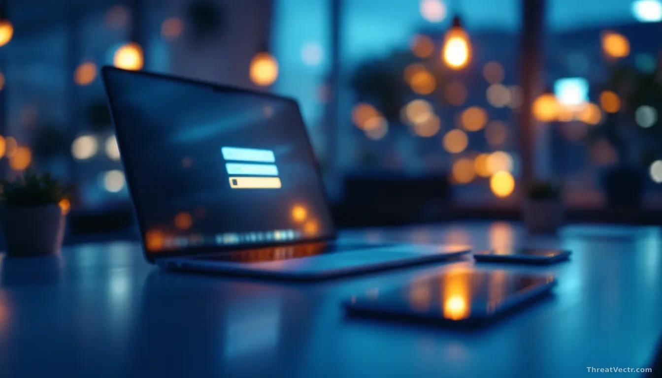 Full-frame edge-to-edge photoreal news-editorial image of a modern office desk at night, a laptop screen showing a blurred generic corporate login form and a ph