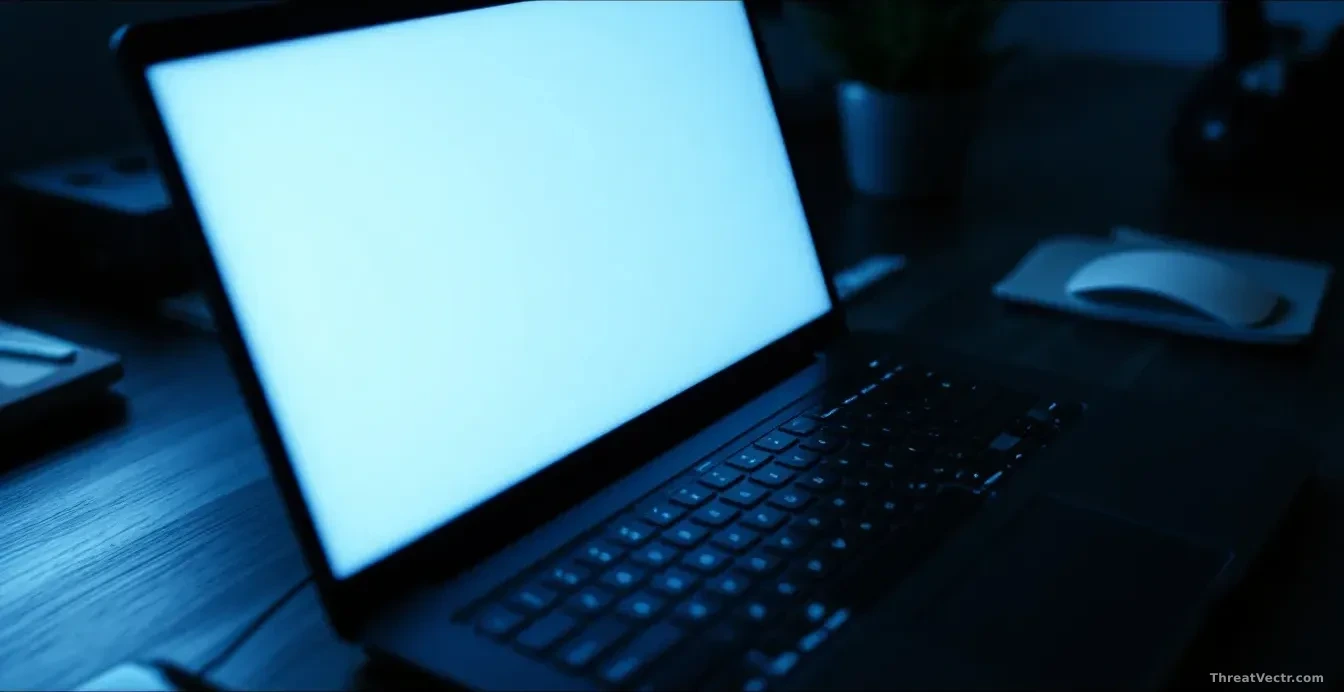 Close-up overhead shot of a plain laptop keyboard in a dimly lit office, the screen glowing pale blue, an inbox interface faintly reflected on the desk surface,