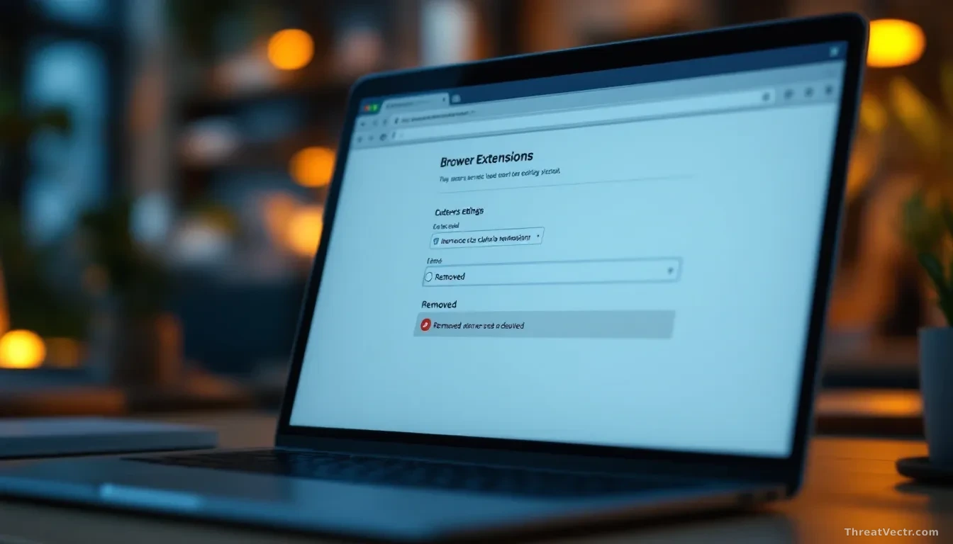 Full-frame edge-to-edge photoreal news-editorial image of a laptop screen showing a generic browser extensions settings page with one entry greyed out and marke