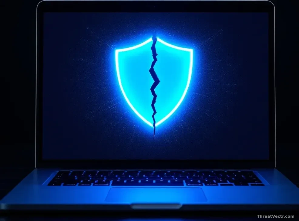 Full-frame 16:9 editorial photo of a modern silver laptop open on a dark wooden desk, screen glowing with an abstract soft-blue security shield graphic that app