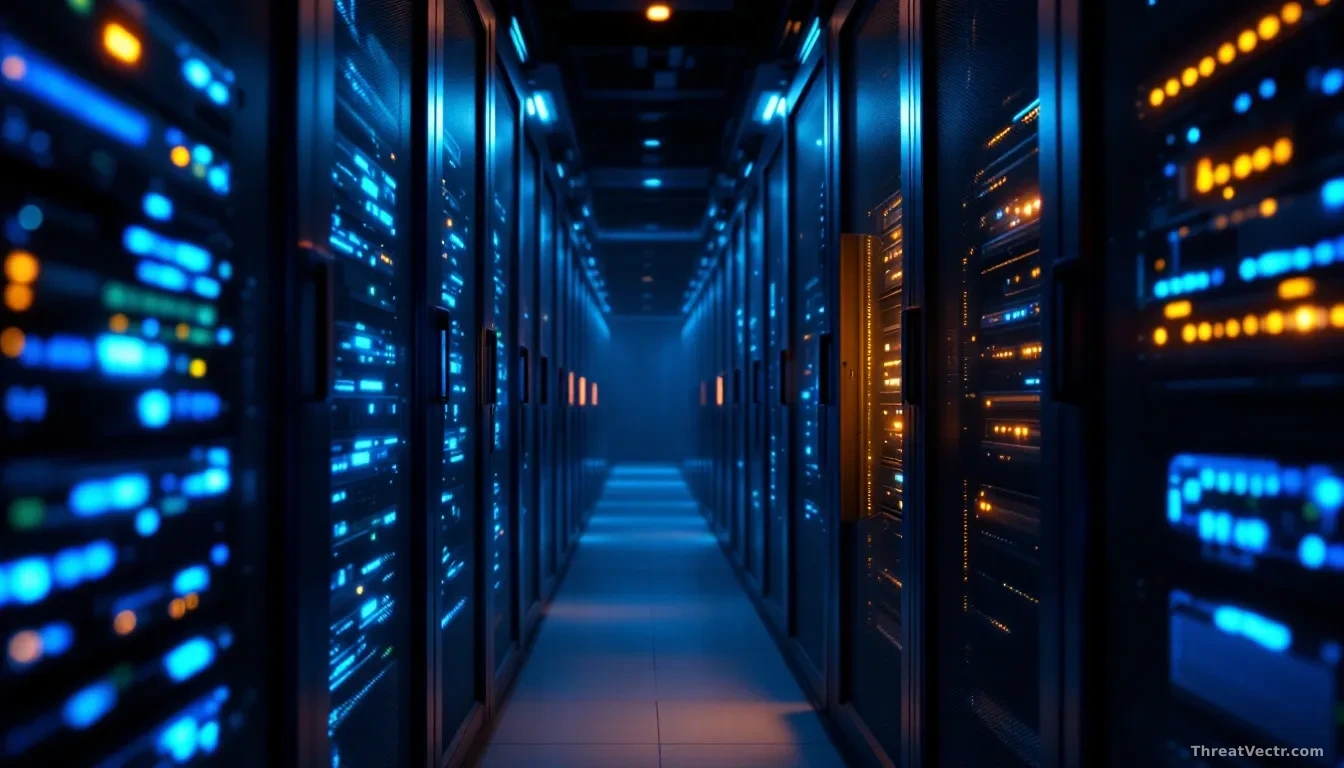 Full-frame photoreal editorial image of a dimly lit enterprise data centre aisle, rows of server racks with soft blue and amber status lights, one rack door sli