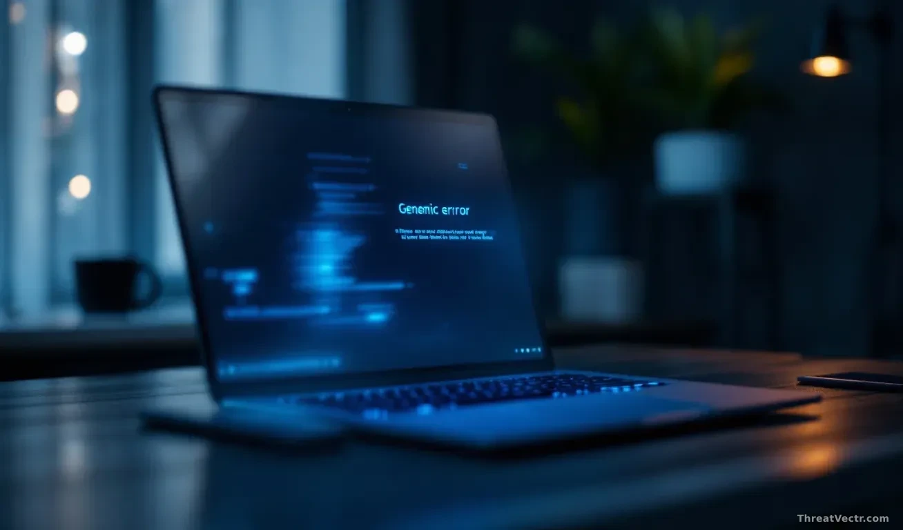 Full-frame edge-to-edge photoreal editorial shot of a modern silver ultrabook laptop on a dark desk, screen showing a generic blue error state with faint heat s