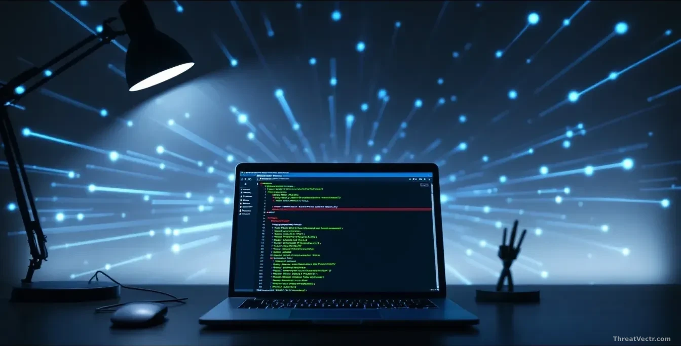 Photoreal editorial shot of a developer's darkened desk, an open laptop showing rows of green package names in a terminal, one line highlighted in red, faint bl