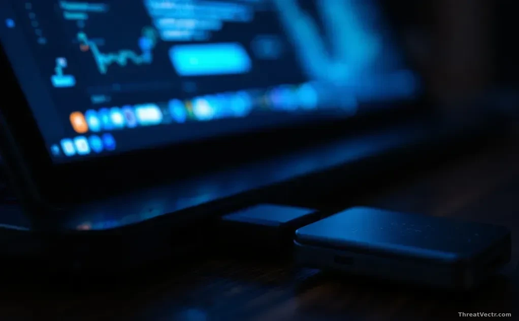 Full-frame edge-to-edge photoreal editorial shot of a small metallic cryptocurrency hardware wallet plugged into a laptop USB port on a dark wooden desk, faint