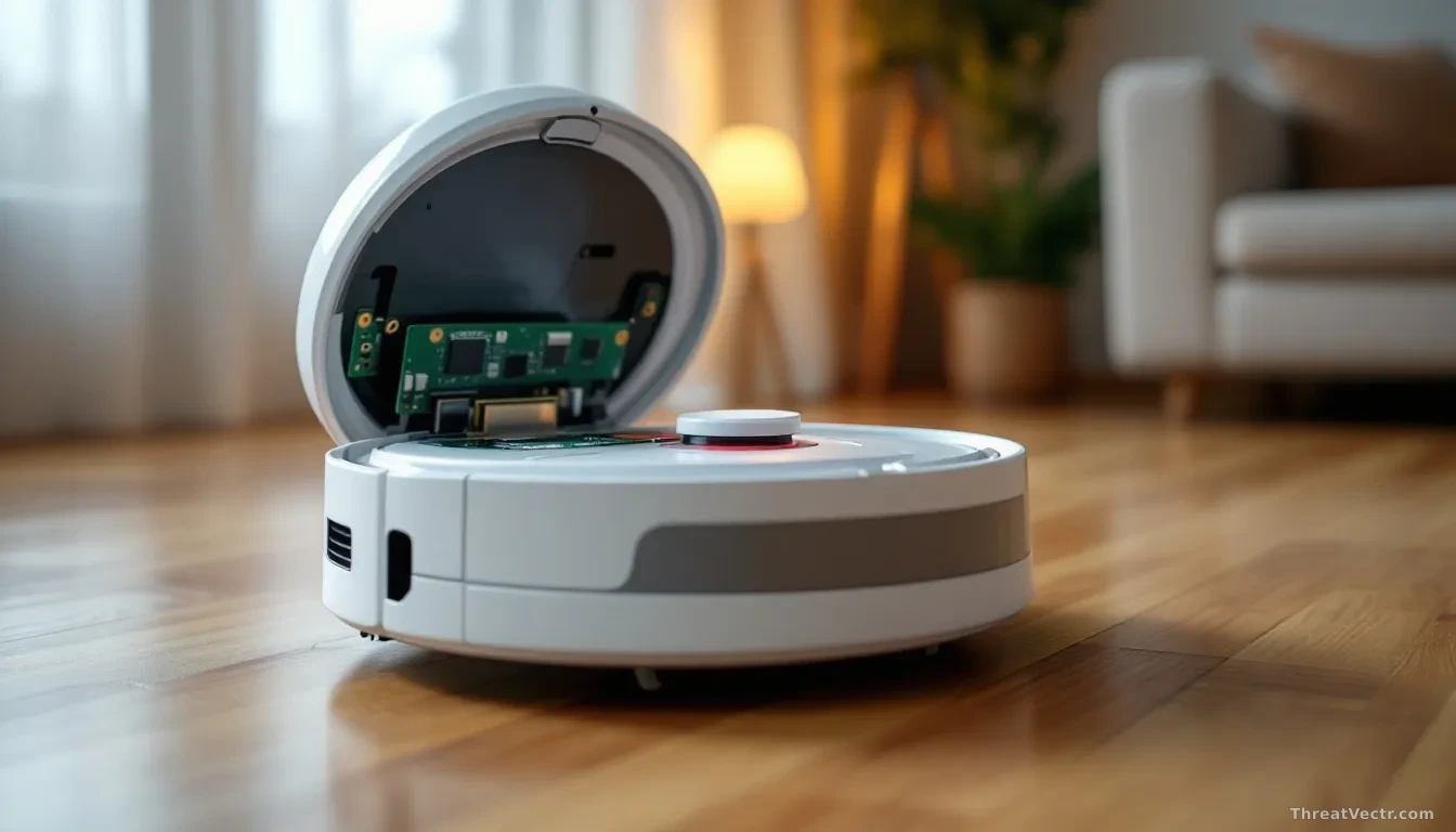 A modern white robot vacuum cleaner sitting on a wooden living room floor, its top cover removed to expose a green circuit board and a small memory chip, warm d